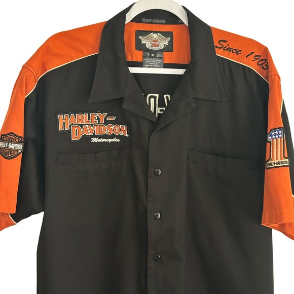 VTG HARLEY DAVIDSON Orange Black Mechanic Biker Shop Garage Sz XL Button Shirt - Picture 2 of 11